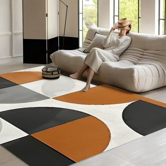 RKSupls Mid Century Retro Orange Gray White Abstract Geometry Soft Fluffy Velvet Area Rug for Living Room Bedroom, Non-Slip Washable Carpet, Chic Minimalist Home Decor