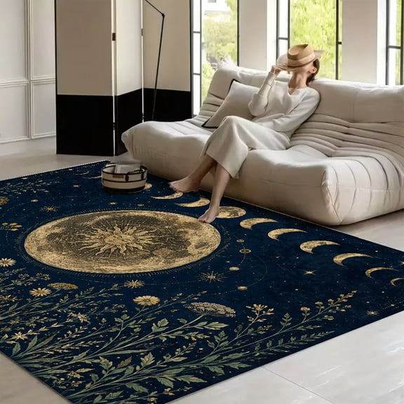 RKSupls Midnight Meadow Moon Phase Celestial Soft Fluffy Velvet Area Rug for Living Room Bedroom, Non-Slip Washable Carpet, Modern Minimalist Home Decor Floor Mat