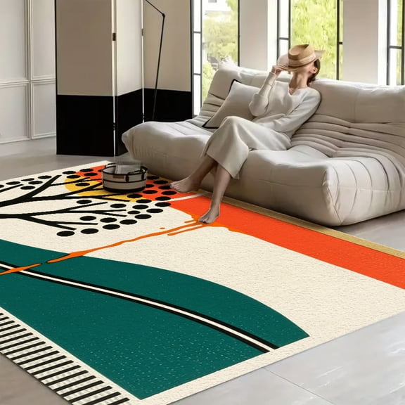 RKSupls 4x3ft Minimalist Abstract Boho Roundy Stripes and Leaf with Sun Soft Fluffy Velvet Area Rug for Living Room Bedroom, Non-Slip Washable Carpet, Chic Minimalist Home Decor