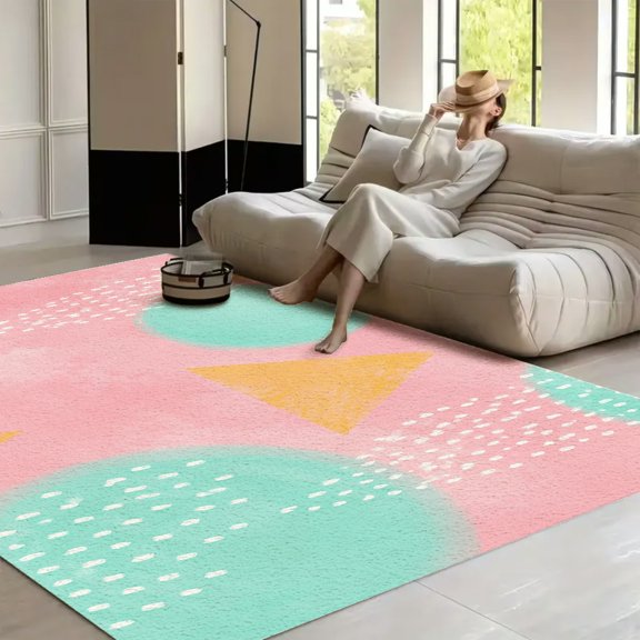 RKSupls 4x3ft Mint Yellow Geometric Abstract Pattern Soft Fluffy Velvet Area Rug for Living Room Bedroom, Non-Slip Washable Carpet, Chic Minimalist Home Decor Floor Mat