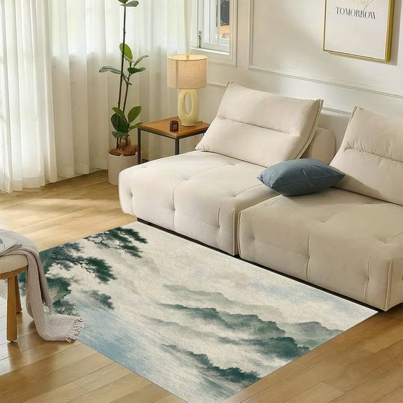RKSupls Misty Ink-wash Valley Lake Landscape Soft Flannel Area Rug 71x47 Inch, Non-Slip Floor Mat for Living Room Bedroom, Warm Fuzzy Carpet for Winter Holiday Decor