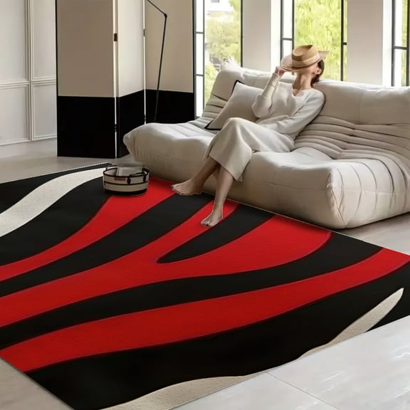RKSupls Modern Abstract Red Black White Strip Dot Soft Fluffy Velvet Area Rug for Living Room Bedroom, Non-Slip Washable Carpet, Modern Minimalist Home Decor Floor Mat