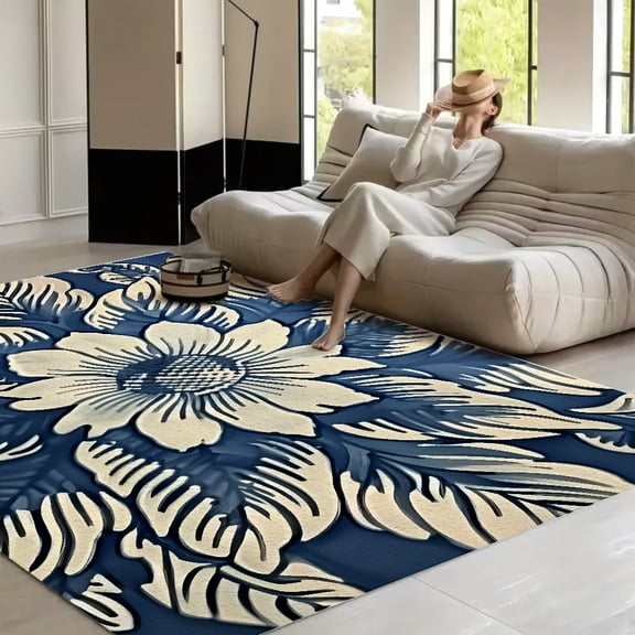 RKSupls Modern European Navy Blue Abstract Floral Soft Fluffy Velvet Area Rug for Living Room Bedroom, Non-Slip Washable Carpet, Modern Minimalist Home Decor Floor Mat