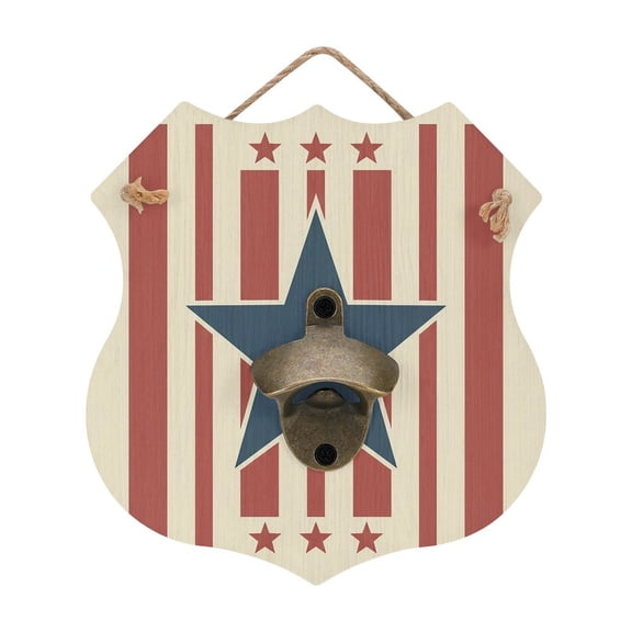 RKSupls Modern Patriotic Star & Vertical Stripes Wooden Wall Mounted Bottle Opener, MDF Hanging Beer Opener with Hemp Rope for Home Bar Farmhouse Decor