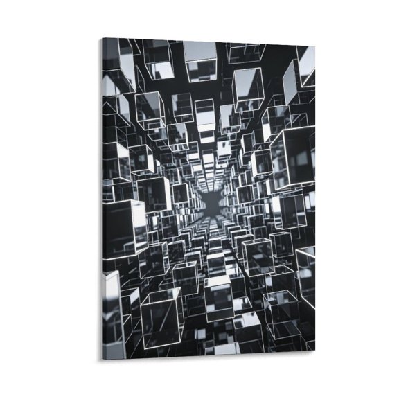 RKSupls Monochrome Floating Cubes Dimension Canvas Wall Art Framed Painting, Modern Home Decor Print for Living Room Bedroom Office Wall Decoration