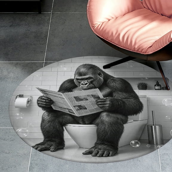 RKSupls Monochrome Gorilla Toilet Newspaper Round Flannel Floor Mat, Soft Non-Slip Washable Rug suitable for Living Room Bedroom Study, Decorative Floor Rug