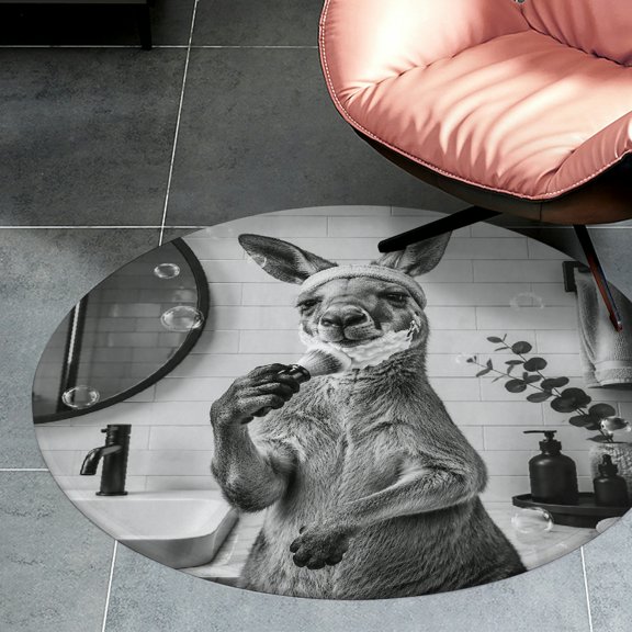 RKSupls Monochrome Kangaroo Shaving Brush Round Flannel Floor Mat, Soft Non-Slip Washable Rug suitable for Living Room Bedroom Study, Decorative Floor Rug