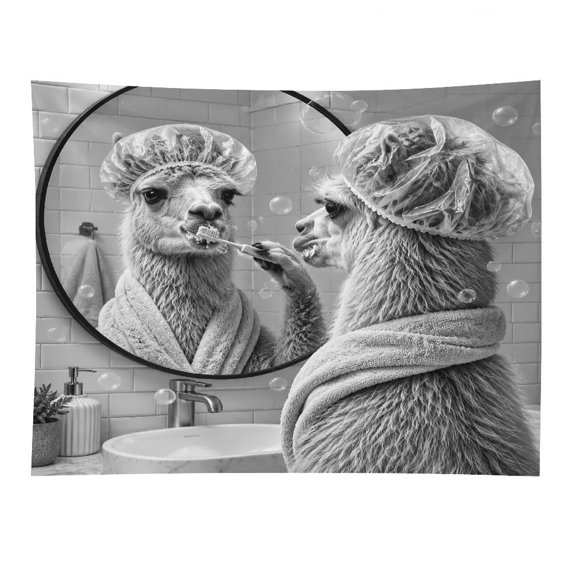 RKSupls Monochrome Llama Brushing Teeth Polyester Wall Tapestry Anti Wrinkle Art Hanging Decor for Bedroom Living Room Home Holiday Decoration Gift