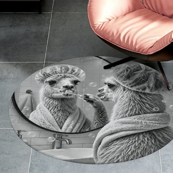 RKSupls Monochrome Llama Brushing Teeth Round Flannel Floor Mat, Soft Non-Slip Washable Rug suitable for Living Room Bedroom Study, Decorative Floor Rug