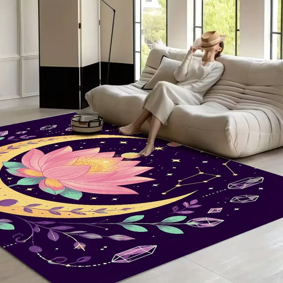 RKSupls Moon Lotus Crystal Soft Fluffy Velvet Area Rug for Living Room Bedroom, Non-Slip Washable Carpet, Modern Minimalist Home Decor Floor Mat