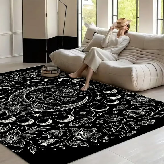 RKSupls Moon Phases Floral Sketch Design  Soft Fluffy Velvet Area Rug   for Living Room Bedroom, Non-Slip Washable Carpet, Modern Minimalist Home Decor Floor Mat