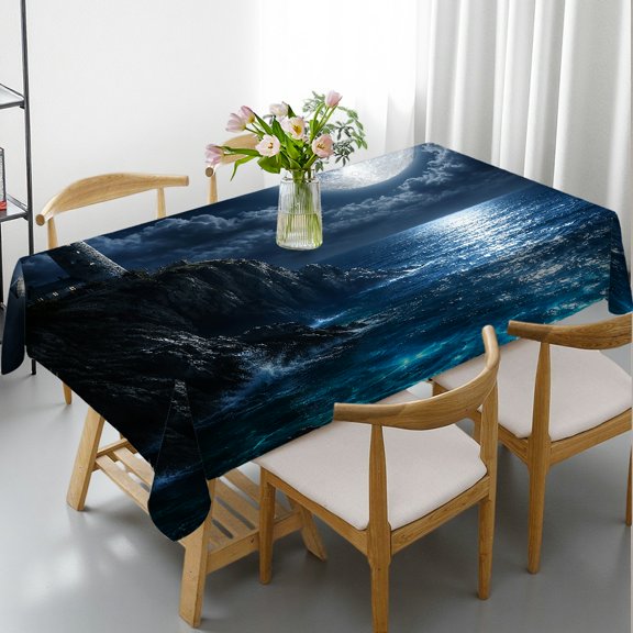 RKSupls Moonlight Lighthouse Cliff Seascape Print Rectangle Dining Tablecloth, Festive Table Setting Kitchen Accessories, Moonlight Lighthouse Cliff Seascape
