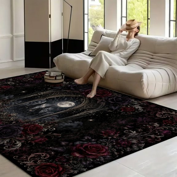 RKSupls Moonlit Cathedral Gothic Roses Soft Fluffy Velvet Area Rug for Living Room Bedroom, Non-Slip Washable Carpet, Modern Minimalist Home Decor Floor Mat