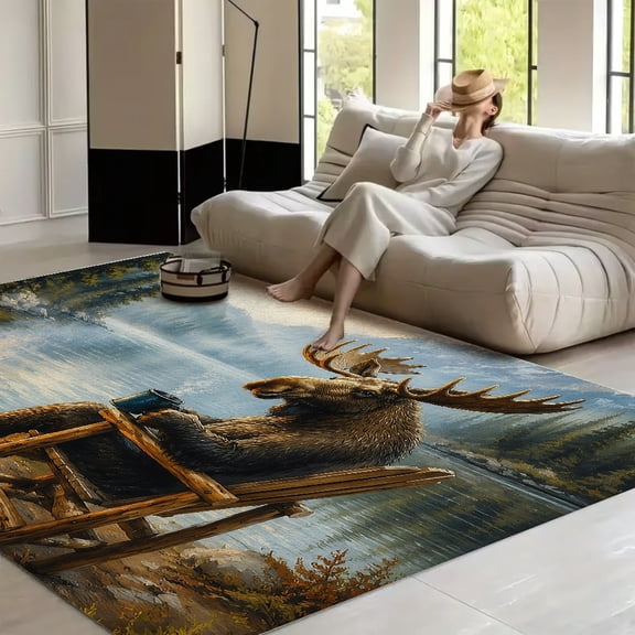 RKSupls Moose Campfire Mountain Lake Soft Fluffy Velvet Area Rug for Living Room Bedroom, Non-Slip Washable Carpet, Modern Minimalist Home Decor Floor Mat