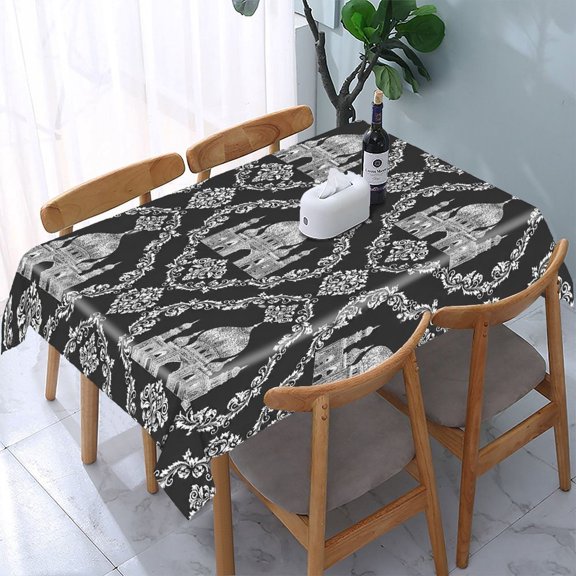 RKSupls Mosque Architecture Damask Pattern On Black Rectangle Dining Tablecloth, Washable Wipeable Stain & Wrinkle Resistant Polyester Tablecloth for Kitchen Picnic Party