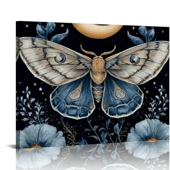 RKSupls Moth Moon Floral Celestial Canvas Wall Art, Canvas Prints Wall Art for Living Room Bedroom Entryway Office, Art Print Painting for Home Decor,,16x12in