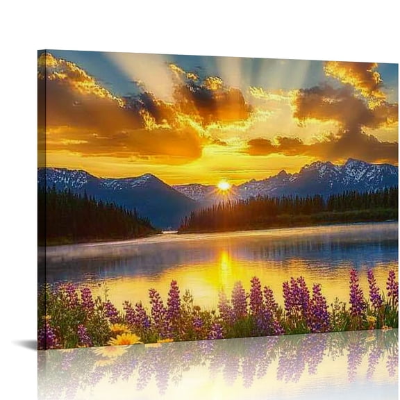 RKSupls Mountain Lake Sunset Flowers Canvas Wall Art, Vibrant Nature Style Wall Decor Print, Modern Artwork for Living Room Bedroom Office Home Decor