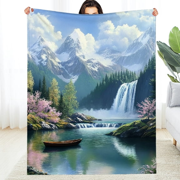 RKSupls Mountain Waterfall Print Soft Flannel Throw Blanket Lightweight Fuzzy Warm Cozy Blanket for Couch Bed Home Travel Decor
