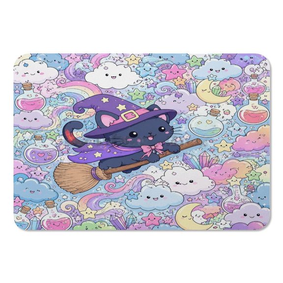 RKSupls Mouse Pad with Non-Slip Rubber Base, Witch Cat Broom Rainbow Magic Gaming Desk Mat for Keyboard and Mouse, Desk Protector Pad for Home Office Use
