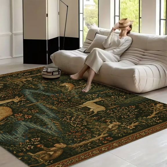 RKSupls Mughal Forest Deer Tapestry Soft Fluffy Velvet Area Rug for Living Room Bedroom, Non-Slip Washable Carpet, Modern Minimalist Home Decor Floor Mat