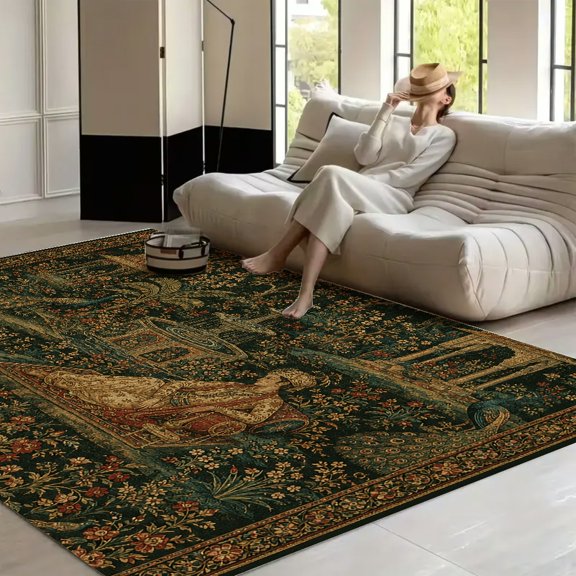 RKSupls Mughal Garden Peacock Tapestry Soft Fluffy Velvet Area Rug for Living Room Bedroom, Non-Slip Washable Carpet, Modern Minimalist Home Decor Floor Mat