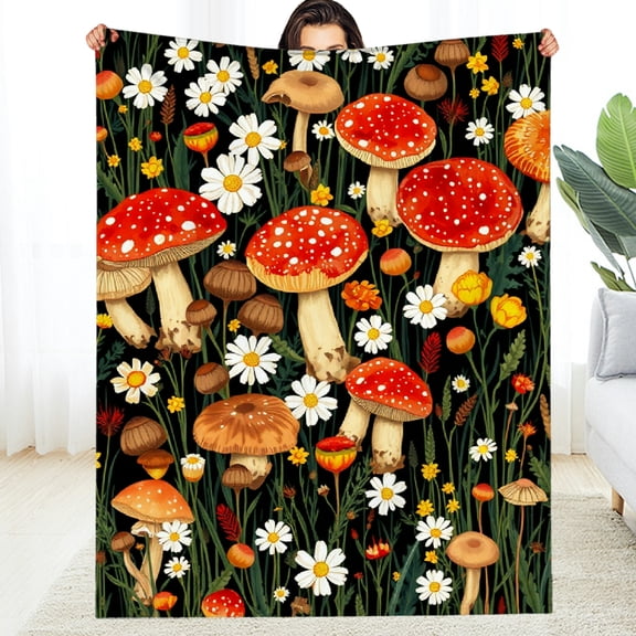 RKSupls Mushroom Daisy Wildflower Soft Flannel Throw Blanket, Lightweight Fuzzy Warm Cozy Blanket for Couch Bed Home Travel Decor