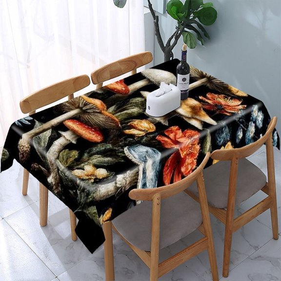 RKSupls Mushroom Floral Dark Rectangle Dining Tablecloth, Washable Wipeable Stain & Wrinkle Resistant Polyester Tablecloth for Kitchen Picnic Party