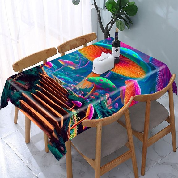 RKSupls Mushrooms Fantasy Colorful Rectangle Dining Tablecloth, Washable Wipeable Stain & Wrinkle Resistant Polyester Tablecloth for Kitchen Picnic Party