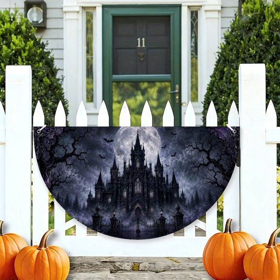 RKSupls Mystical Midnight Castle Gothic Half Round Banner for Porch Fence Railing, Soccer Party Outdoor Hanging Decoration for Home Patio