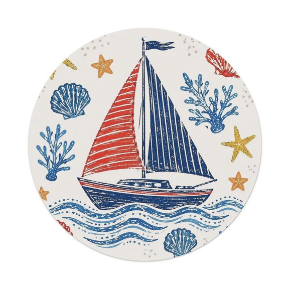 RKSupls Nautical Sailboat Block Print Pattern 7.9x7.9in Round Aluminum Plaque Wall Art, UV Printed Vintage Metal Sign with Pre-Drilled Holes for Home Bar Garage Cafe Decor