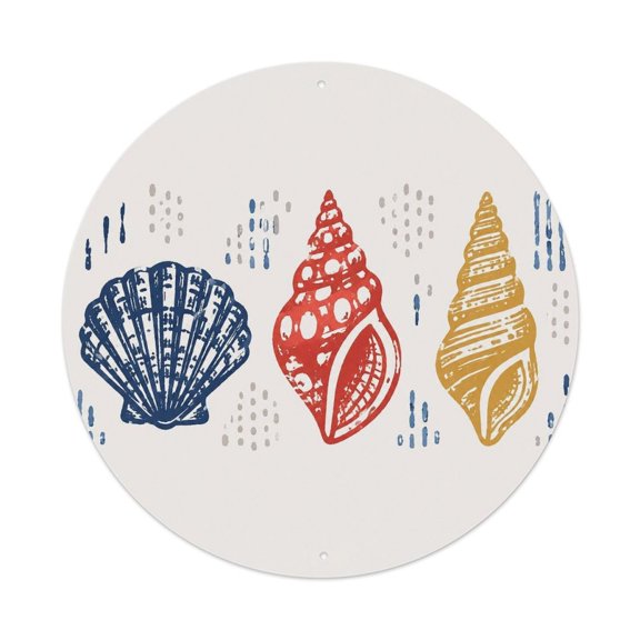RKSupls Nautical Seashell Trio Block Print 7.9x7.9in Round Aluminum Plaque Wall Art, UV Printed Vintage Metal Sign with Pre-Drilled Holes for Home Bar Garage Cafe Decor