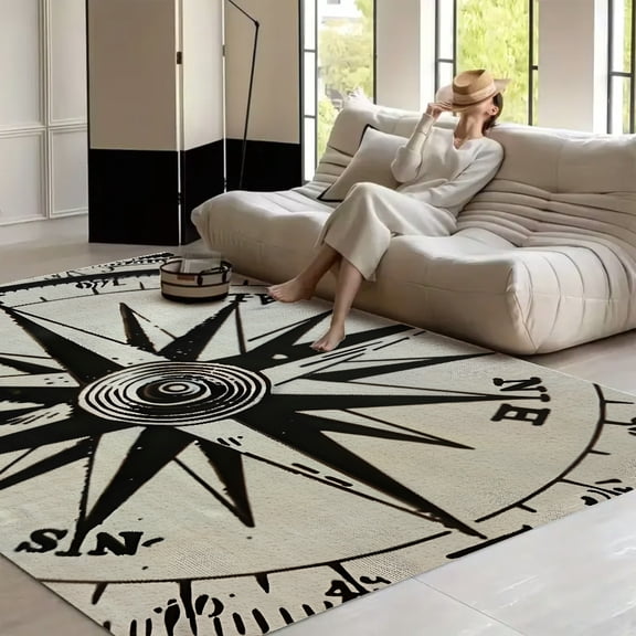 RKSupls Navigation Voyage Compass Soft Fluffy Velvet Area Rug for Living Room Bedroom, Non-Slip Washable Carpet, Modern Minimalist Home Decor Floor Mat