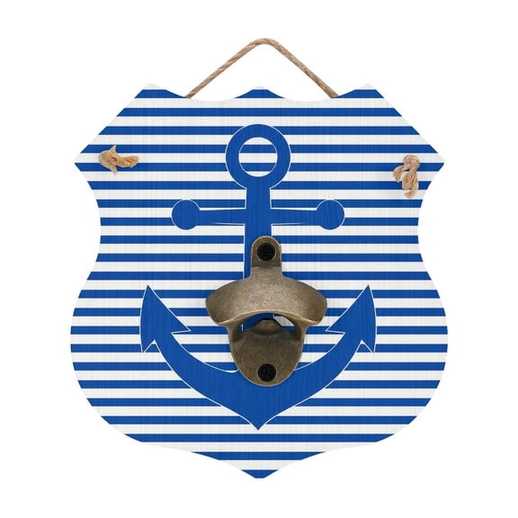 RKSupls Navy Anchor Stripes Design Wooden Wall Mounted Bottle Opener, MDF Hanging Beer Opener with Hemp Rope for Home Bar Farmhouse Decor