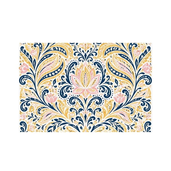 RKSupls Navy Gold Floral Damask Linen Placemats 30x45cm Straight Edge Stain Resistant Washable Non-Slip Table Mats Table for Kitchen Dining Room Home