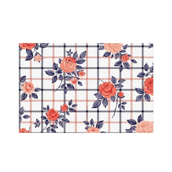 RKSupls Navy Plaid Rose Floral Linen Placemats 30x45cm Straight Edge Stain Resistant Washable Non-Slip Table Mats Table for Kitchen Dining Room Home