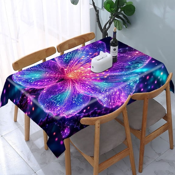 RKSupls Neon Cyber Flower Rectangle Dining Tablecloth, Washable Wipeable Stain & Wrinkle Resistant Polyester Tablecloth for Kitchen Picnic Party