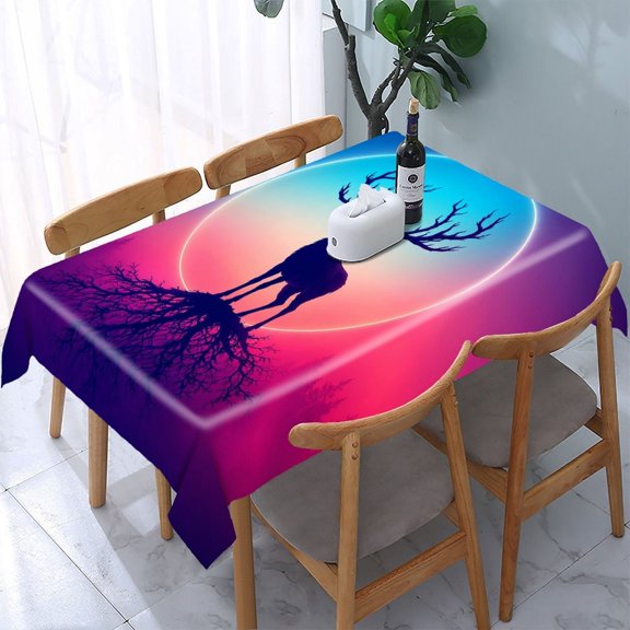 RKSupls Neon Deer Moon Rectangle Dining Tablecloth, Washable Wipeable Stain & Wrinkle Resistant Polyester Tablecloth for Kitchen Picnic Party