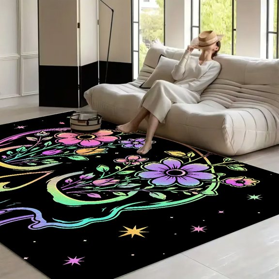 RKSupls Neon Flower Candle Flame Star Dark  Soft Fluffy Velvet Area Rug   for Living Room Bedroom, Non-Slip Washable Carpet, Modern Minimalist Home Decor Floor Mat