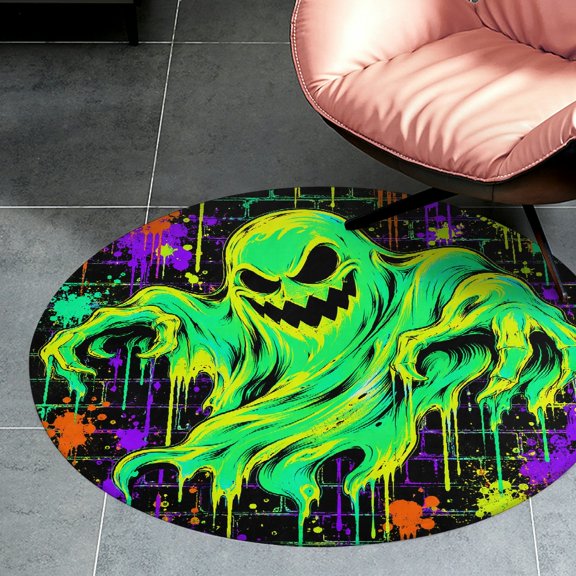 RKSupls Neon Ghost Monster Graffiti Splatter Brick Wall  Round Flannel Floor Mat, Soft Non-Slip Washable Rug  suitable for Living Room Bedroom Nursery, Decorative Floor Rug