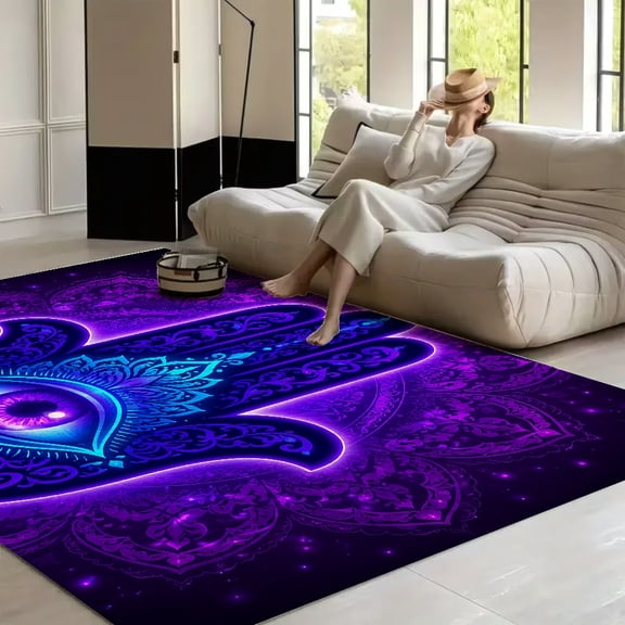 RKSupls Neon Hamsa Hand Evil Eye Mandala  Soft Fluffy Velvet Area Rug   for Living Room Bedroom, Non-Slip Washable Carpet, Modern Minimalist Home Decor Floor Mat