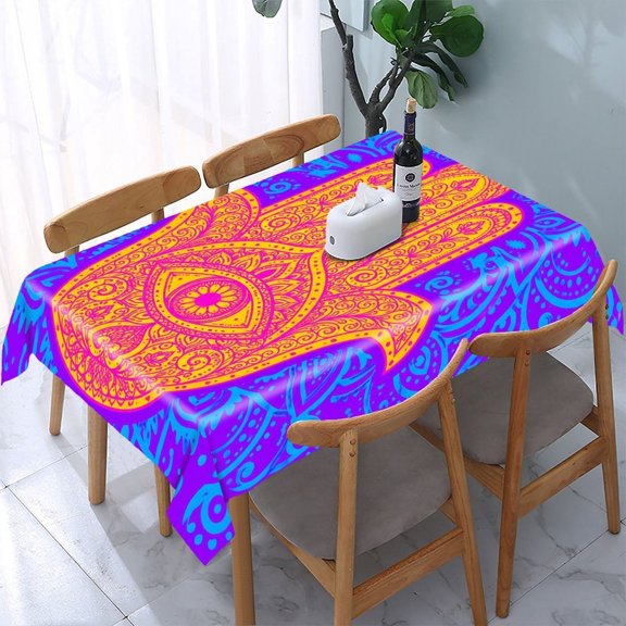 RKSupls Neon Hamsa Hand Rectangle Dining Tablecloth, Washable Wipeable Stain & Wrinkle Resistant Polyester Tablecloth for Kitchen Picnic Party