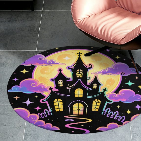 RKSupls Neon Haunted House Moon Cloud Dark  Round Flannel Floor Mat, Soft Non-Slip Washable Rug  suitable for Living Room Bedroom Nursery, Decorative Floor Rug
