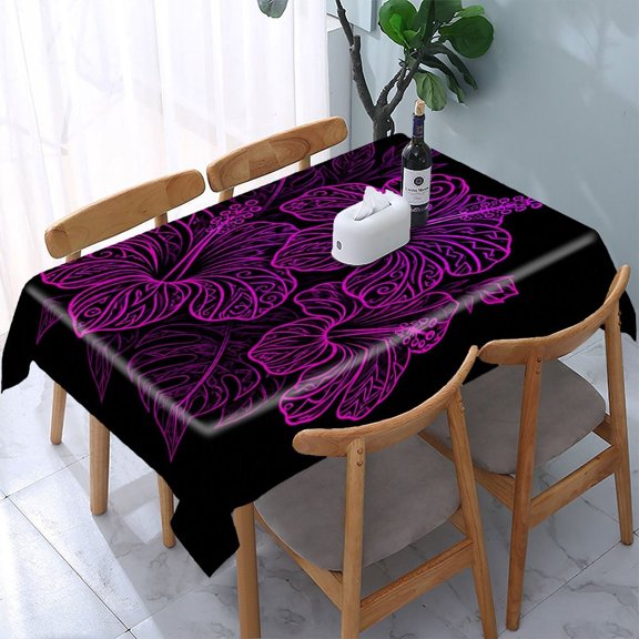 RKSupls Neon Hibiscus Glow Rectangle Dining Tablecloth, Washable Wipeable Stain & Wrinkle Resistant Polyester Tablecloth for Kitchen Picnic Party