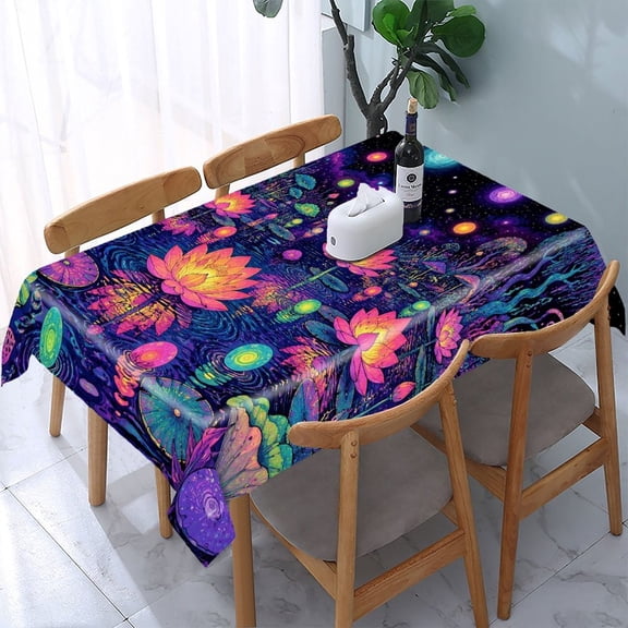 RKSupls Neon Lotus Pond Rectangle Dining Tablecloth, Washable Wipeable Stain & Wrinkle Resistant Polyester Tablecloth for Kitchen Picnic Party
