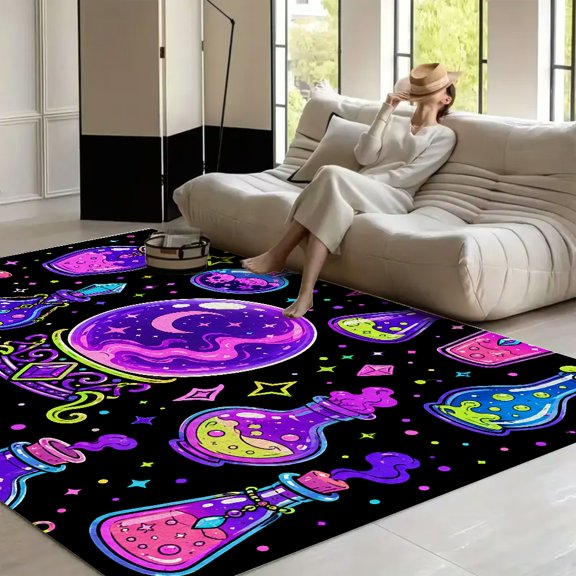 RKSupls Neon Magic Potion Pattern Soft Fluffy Velvet Area Rug for Living Room Bedroom, Non-Slip Washable Carpet, Modern Minimalist Home Decor Floor Mat