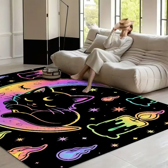 RKSupls Neon Moon Candle Flame Star Dark  Soft Fluffy Velvet Area Rug   for Living Room Bedroom, Non-Slip Washable Carpet, Modern Minimalist Home Decor Floor Mat