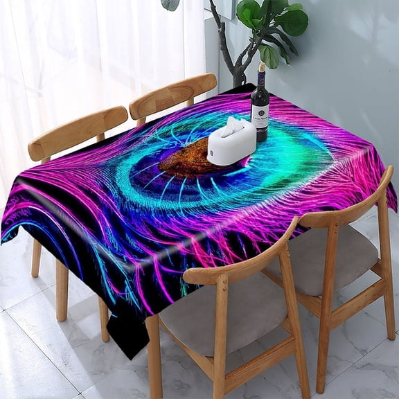 RKSupls Neon Peacock Feather Eye Rectangle Dining Tablecloth, Washable Wipeable Stain & Wrinkle Resistant Polyester Tablecloth for Kitchen Picnic Party