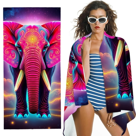 RKSupls Neon Pink Psychedelic Elephant Microfiber Beach Towel, Extra Large Quick Dry Lightweight Absorbent Towel for Travel Swimming Camping, Soft Super Absorbent- 30x60 in