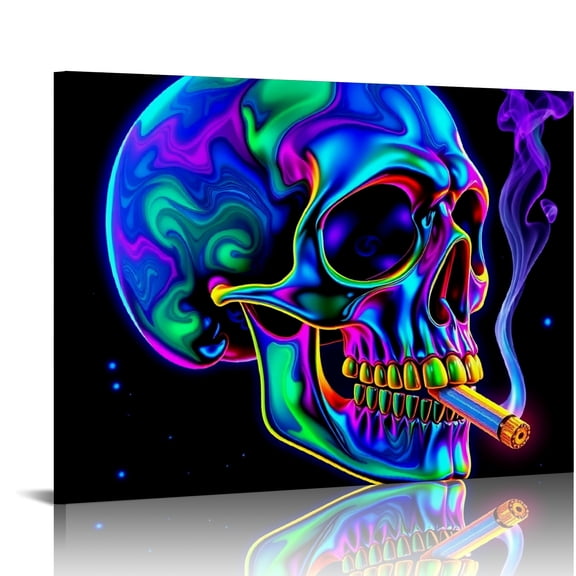 RKSupls Neon Psychedelic Skull Canvas Wall Art, Bold Edgy Pop Art Wall Decor Print, Modern Artwork for Living Room Bedroom Office Home Decor,16x12in