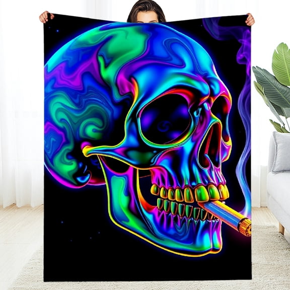 RKSupls Neon Psychedelic Skull Soft Flannel Throw Blanket, Lightweight Fuzzy Warm Cozy Blanket for Couch Bed Home Travel Decor